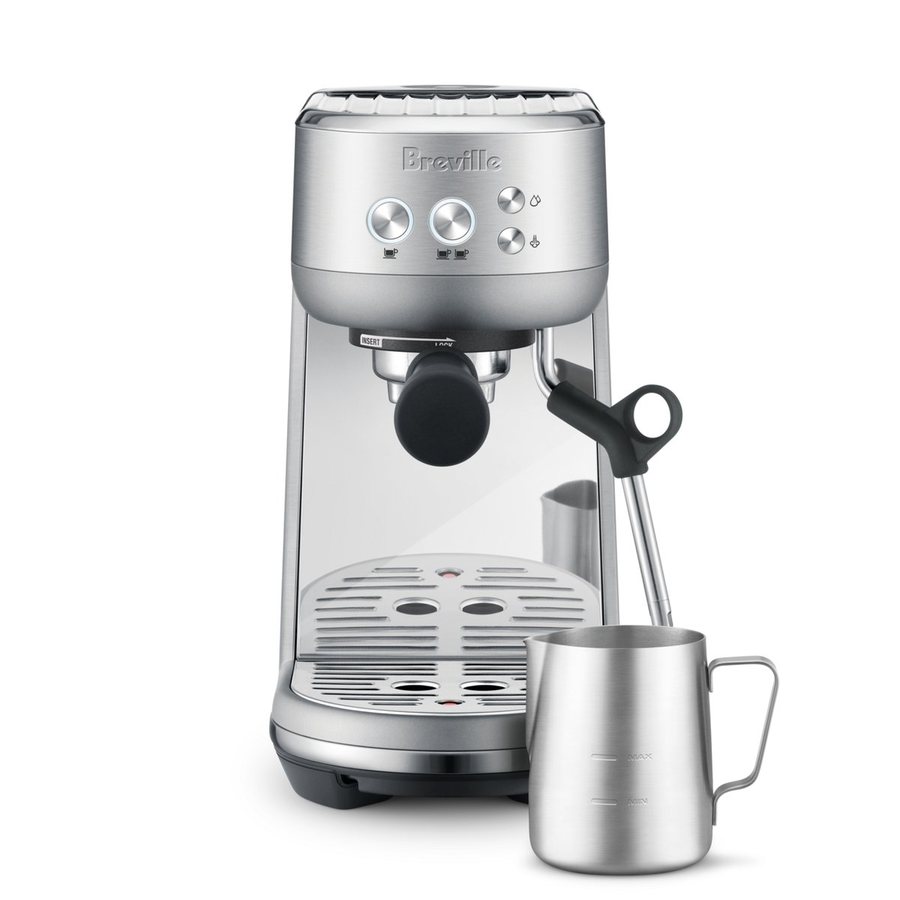 Breville Bambino, a compact stainless espresso machine with a milk jug