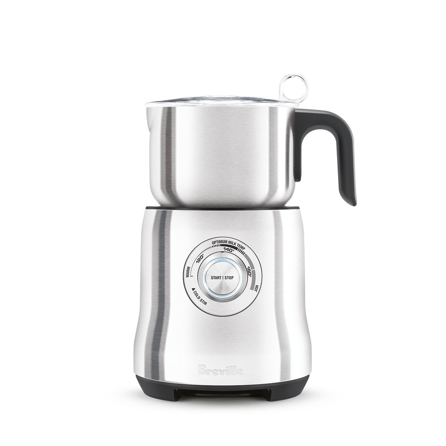 Breville Milk Café, a brushed stainless milk frother jug on its base