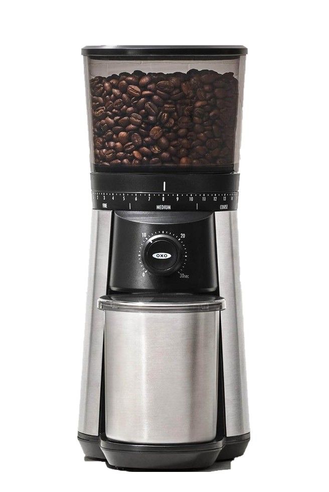 OXO Brew Conical Burr Coffee Grinder, a stainless electric grinder with a bean hopper on top